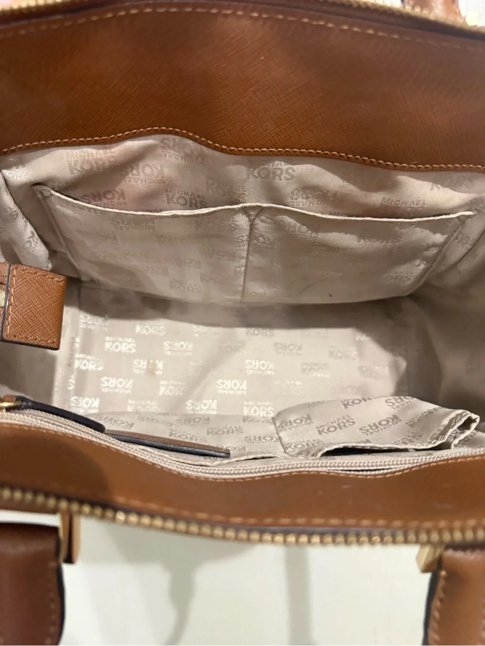Michael Kors Brown Navy White Leather Satchel with Gold MK Accent